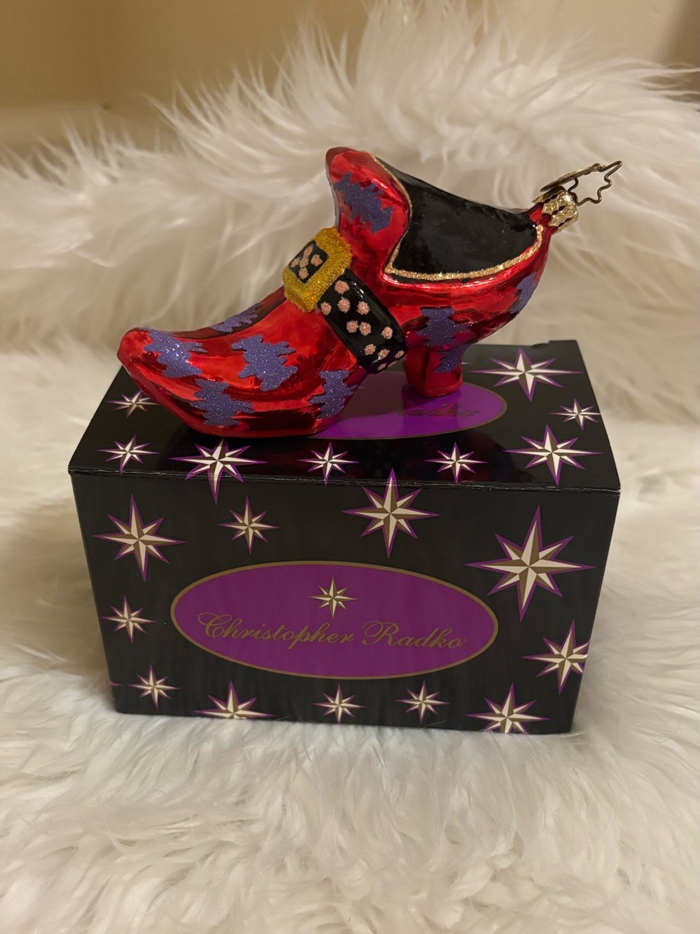 Christopher Radko Foot Fright Red Witch Boot w/Bats Ornament